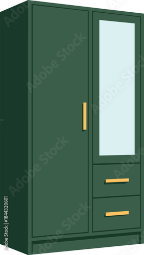Modern dark green wardrobe with gold handles and mirror