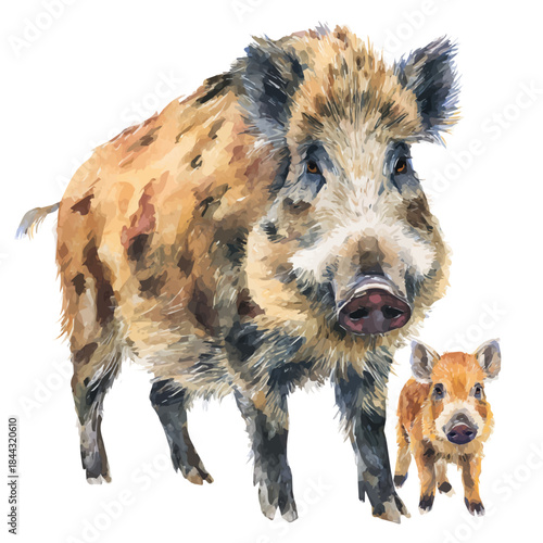 Wild Boar With Its Baby in watercolor painting style, vector illustration on white background.