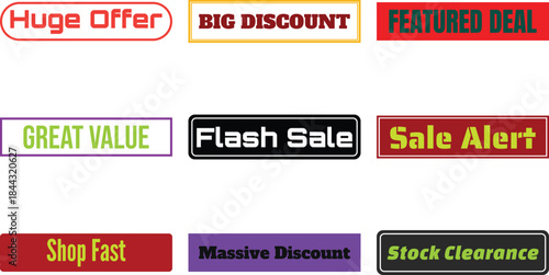 Six colorful promotional badges with bold text for marketing and advertising purposes on white background