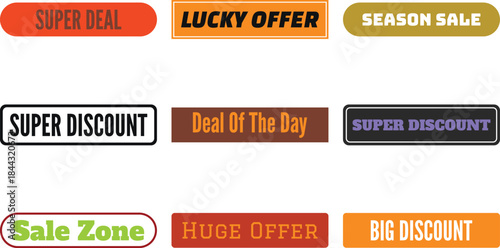 Colorful promotional banners displaying various discount offers and sale messages in bold typography on white background
