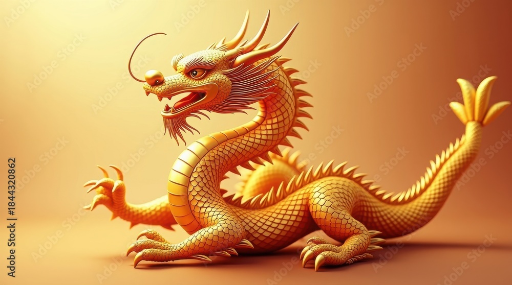 Obraz premium Detailed Golden Chinese Dragon Sculpture with Serpentine Body, happy Chinese new year , Korean decoration Red 