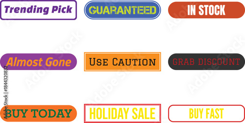 Bright multicolored promotional badges with bold text labels arranged on clean white background