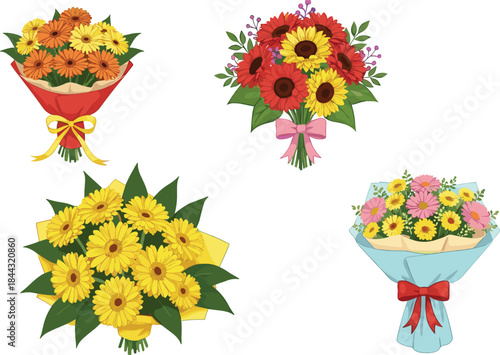 Colorful floral bouquet illustration set featuring vibrant gerbera daisies, mixed blossoms, decorative wrapping, and elegant flower arrangements for seasonal and creative vector design projects.