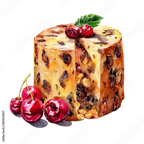 Fruitcake, watercolor painting, vector illustration, isolated on a white background.