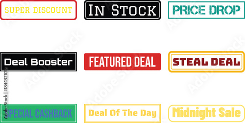 A set of vibrant promotional badges with texts such as Super Discount In Stock and Price Drop designed for marketing and sales communications