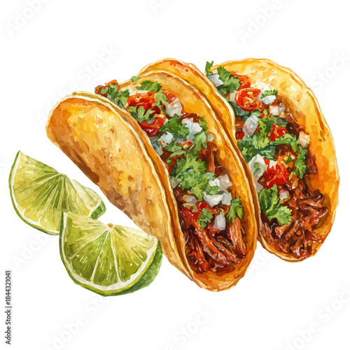 Watercolor painting of Tacos Al Pastor, vector illustration, isolated on white background.