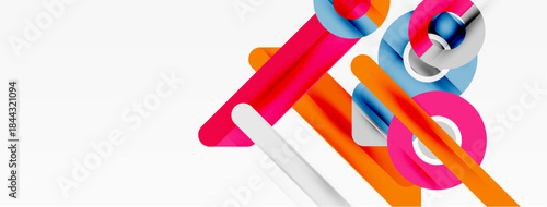 Abstract colorful shapes overlap, creating dynamic composition. Bright hues contrast against white background. Modern design elements present.