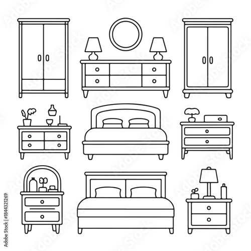 Bedroom Furniture Line Icons for Interior Design
