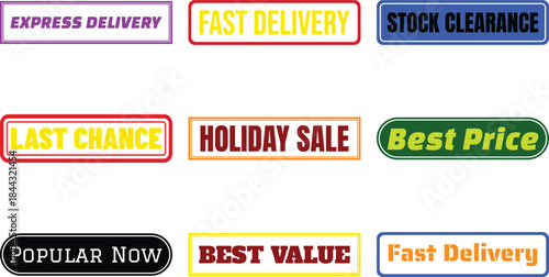 collection of colorful sale labels on white background