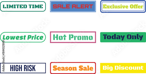 Six colorful promotional badges with bold text alerts for sales and offers on white background