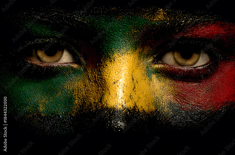 Naklejka premium front view artwork painted of a person face in the colors of a virtual rastafarian flag on black background, created by a digital artist to express cultural identity, symbolic color meaning.