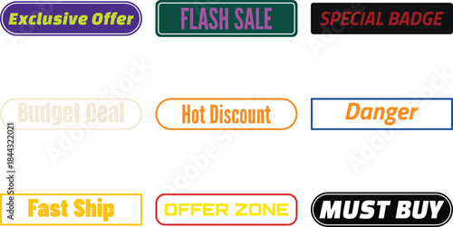 Various colorful promotional badges isolated on transparent background