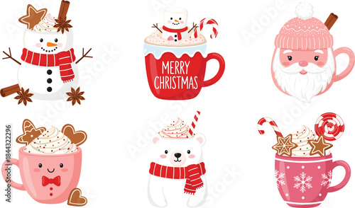 Set of Cute Cartoon Coffee and Dessert Characters. Vector Illustration of Kawaii Hot Drinks, Cookie, Donut, and Ice Cream.