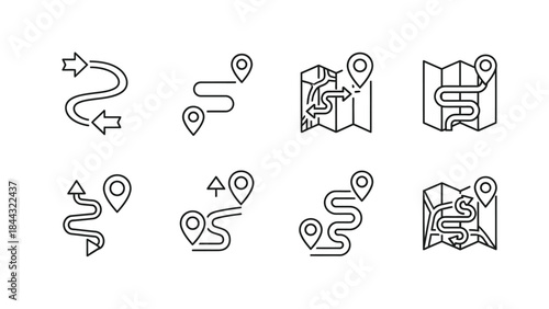 Collection of black line art icons depicting various winding routes navigation paths and map location pins for travel planning