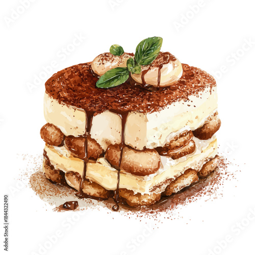 Tiramisu Cake in watercolor painting style, vector illustration on white background.