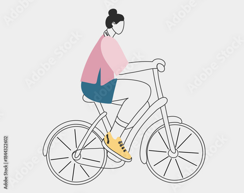 Young woman enjoying a bicycle ride through. Flat vector illustration about mental wellbeing, stress relief and active lifestyle for emotional balance.