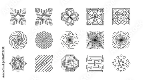 Collection of fifteen black and white geometric abstract line art patterns featuring knots mandalas mazes and optical illusions