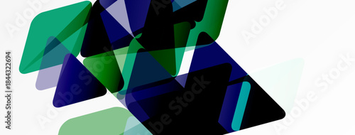 Abstract geometric shapes overlap, creating dynamic composition. Greens, blues dominate white background. Modern design elements present.