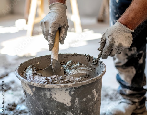 Construction worker hands wearing gloves mixing concrete in a bucket with a trowel during indoor renovation project with bright lighting and ladder in background