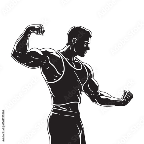 A powerful silhouette of a muscular man flexing his biceps, showcasing peak physical strength and fitness isolated on white background, Vector
