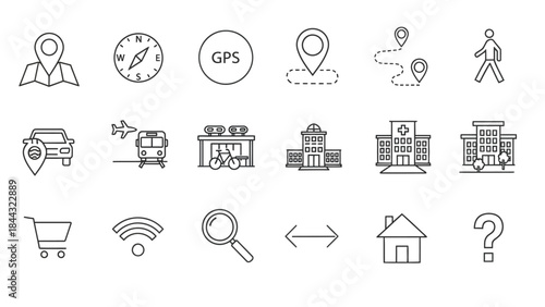 Collection of thin line icons representing navigation mapping location services transportation points of interest and search functionality