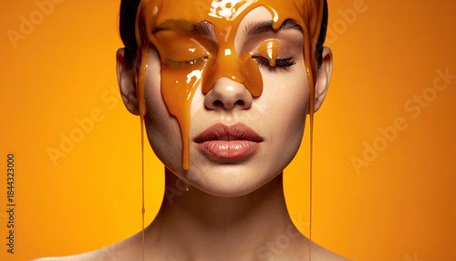 Woman's Face Covered in Dripping Golden Honey for Natural Beauty and Skincare Treatment