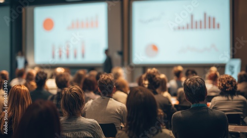 Wallpaper Mural Attendees at a presentation with charts and graphs on display screens. Torontodigital.ca