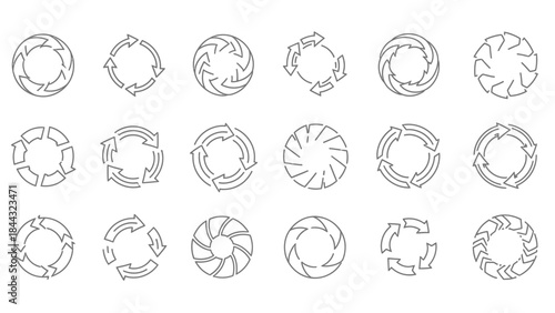 Collection of diverse circular arrow icons representing refresh reload process workflow and continuous cycle concepts in outline style