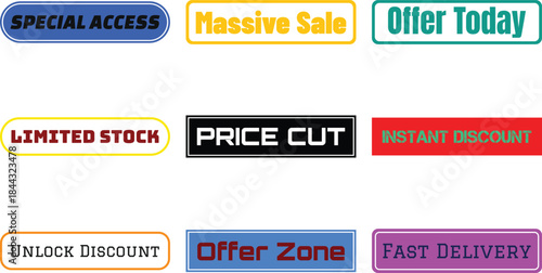 Nine colorful buttons with sale offers isolated on transparent background
