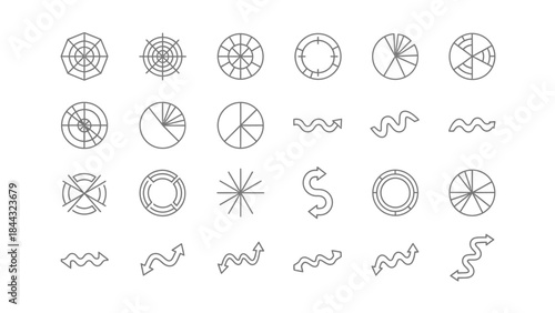 Collection of minimalist line art icons featuring various chart types and directional wavy arrows for data visualization