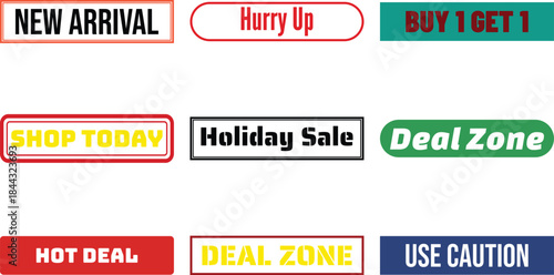 Various colorful buttons with sales messages isolated on transparent background