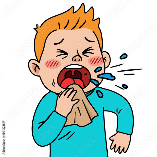 A boy sneezing and covering his mouth with a tissue. Illustration for health and hygiene concepts for child education.