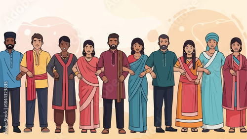Diverse group of people in traditional clothing standing together.