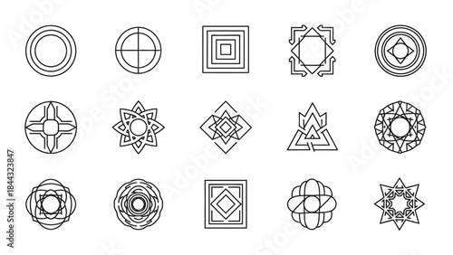 Collection of fifteen minimalist black line art geometric abstract symbols and sacred geometry icons for design
