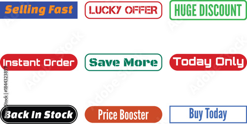 Various colorful buttons with sales messages isolated on transparent background