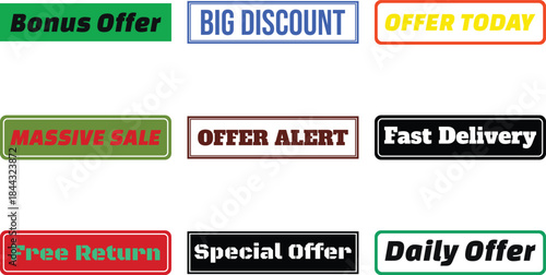 Nine colorful buttons with sales offers isolated on transparent background