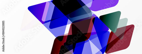 Abstract composition featuring overlapping translucent triangles. Colors include blue, purple, red, green, white. Modern design, dynamic shapes.