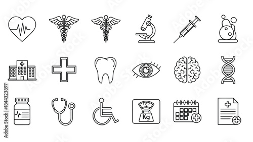 Collection of clean black line art icons representing various medical specialties and healthcare concepts for digital design use