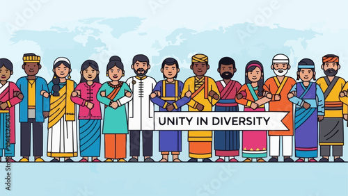 Diverse group of people in traditional clothing celebrating unity and diversity.