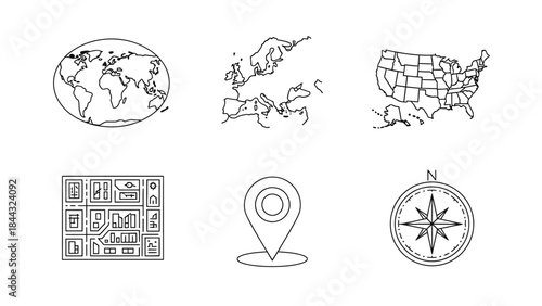 Collection of six black and white line art icons representing global navigation mapping location tracking and geographic exploration
