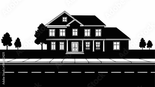 Elegant Two-Story House with Columns and Trees.