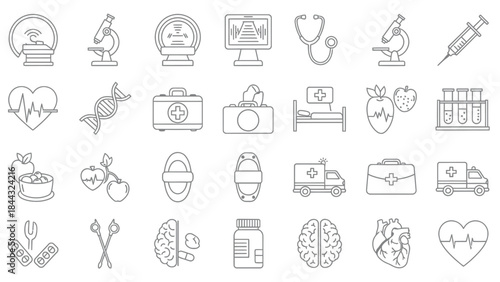 Collection of black and white line icons representing various medical equipment diagnostics and healthy lifestyle concepts