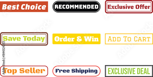 collection of colorful promotional stickers and labels isolated on white background