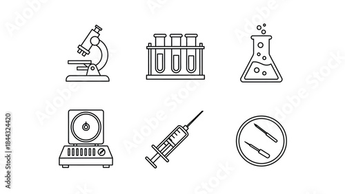Black outline icons representing essential laboratory equipment including a microscope test tubes flask scale syringe and surgical tools