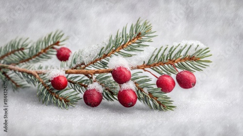 Snow-covered evergreen branch with berries on a plain gray backdrop, crisp textures, high dynamic range