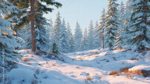 Snow-covered pine forest under a pale blue winter sky, soft sunlight filtering through trees, ultra-realistic landscape