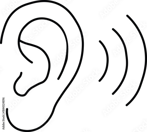 Outline drawing of human ear with sound waves, concept of hearing or listening