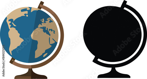 A colorful globe icon and its black silhouette on a white background