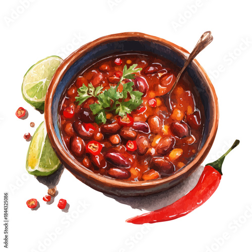 Watercolor painting of Chili Con Carne, vector illustration, isolated on white background.