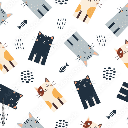 Seamless pattern with funny cats. Great for fabric, textile, wrapping, wallpaper. Vector Illustration